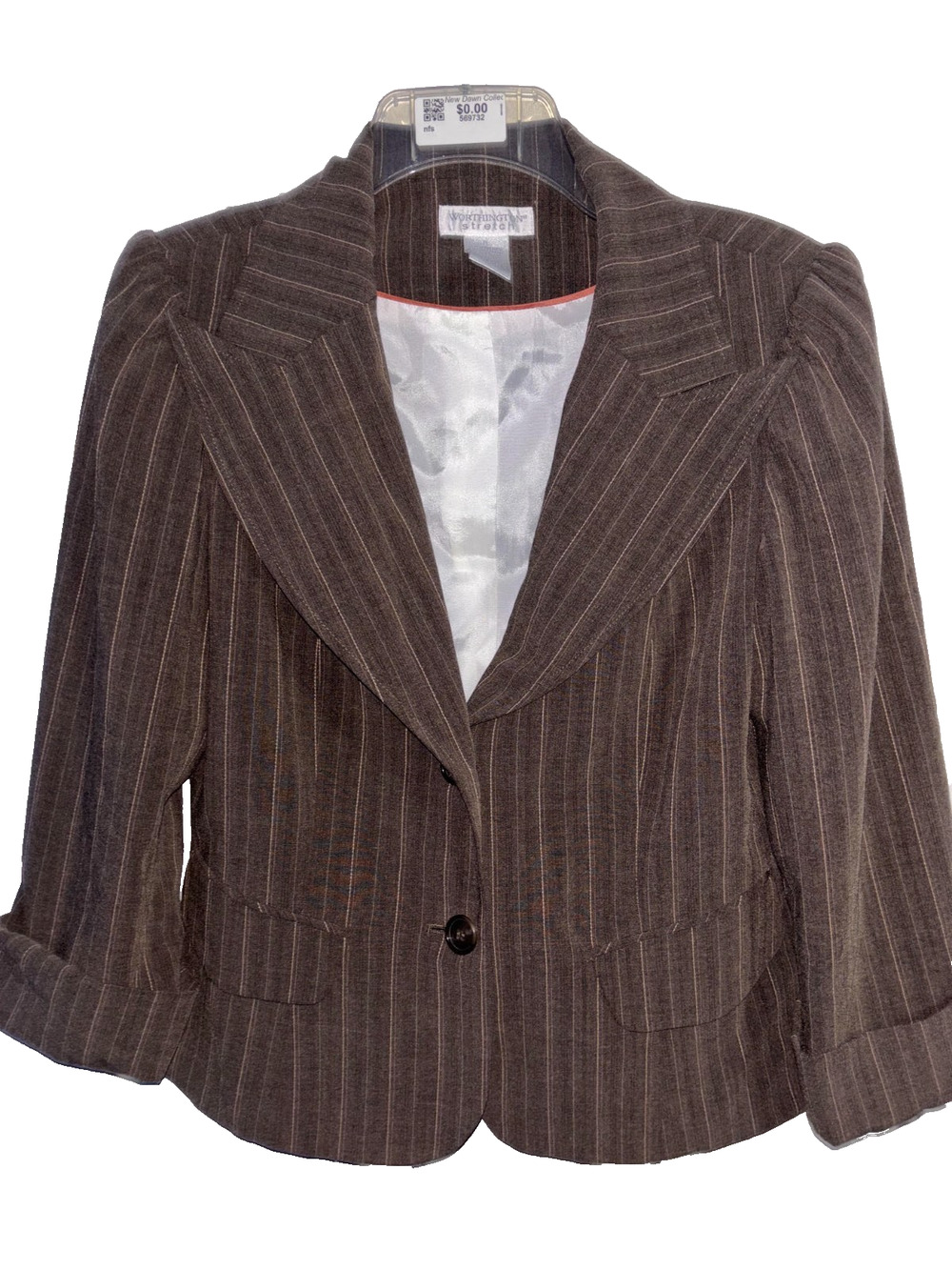 Worthington Stretch 2 Pc Pinstripe Suit Set Brown Gaucho Crop Pants Blazer 6